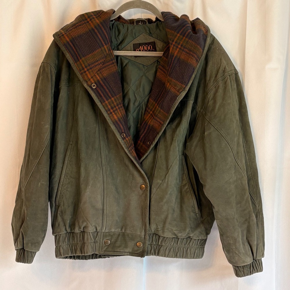 Vintage 90s G4000 Genuine Leather Bomber Jacket L Plaid Hood Grunge Oversized